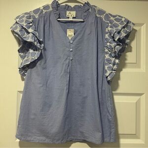 Blue and White Ruffled Flutter Sleeve Blouse